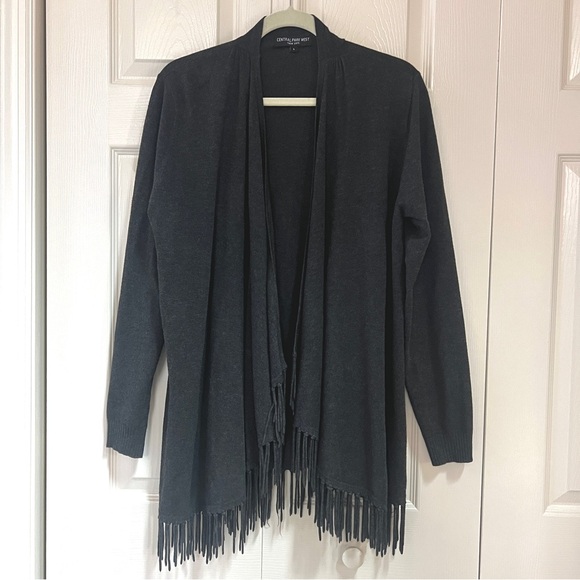 Central Park West Charcoal Gray Open-Front Fringe Cardigan Sweater - Picture 2 of 13